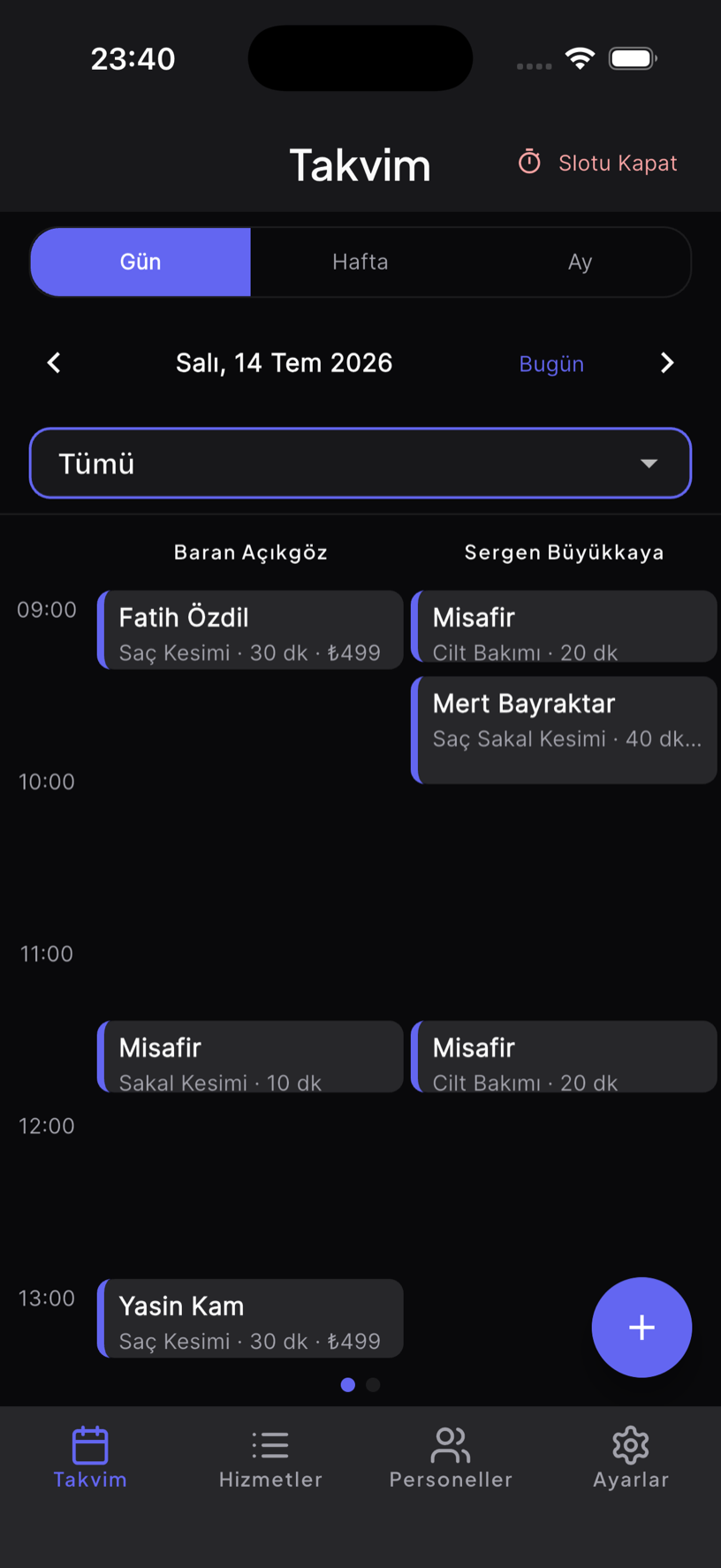 RandevuFast operatör takvimi — çoklu personel gün görünümü